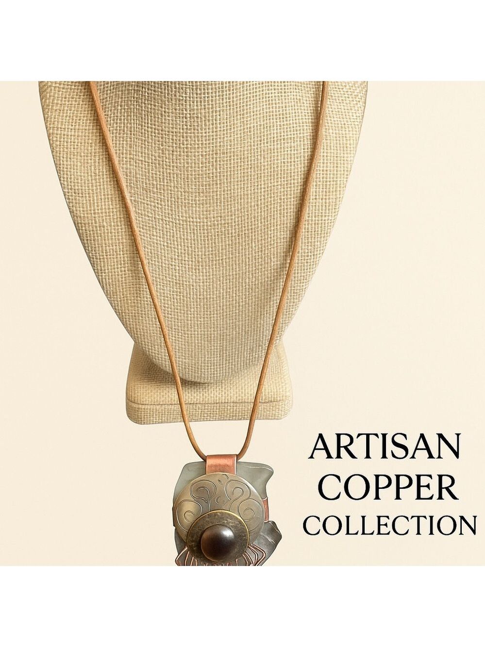 Artisan Copper & Brass Pendant Necklace With Leather Cord